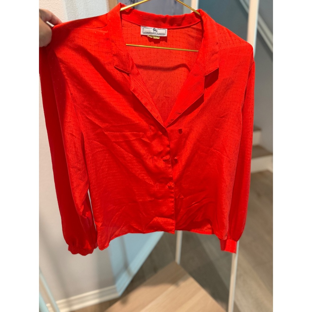 Vintage Jonathan Martin Red Textured Button Up Blouse Puff Sleeve Shoulder Pads